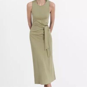 Mango Olive Midi Dress with Tie Detail
